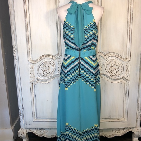 Gibson Latimer Cut in Armholes Neck Tie Waisted Graphic Maxi Dress Size S-M - Picture 7 of 9